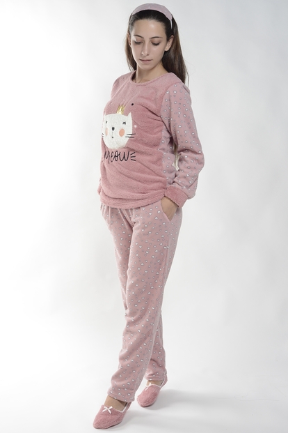 Pembe Kedi Desenli Kadın Peluş Pijama Takımı - 1