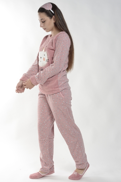 Pembe Kedi Desenli Kadın Peluş Pijama Takımı - 2