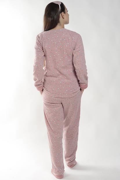 Pembe Kedi Desenli Kadın Peluş Pijama Takımı - 3