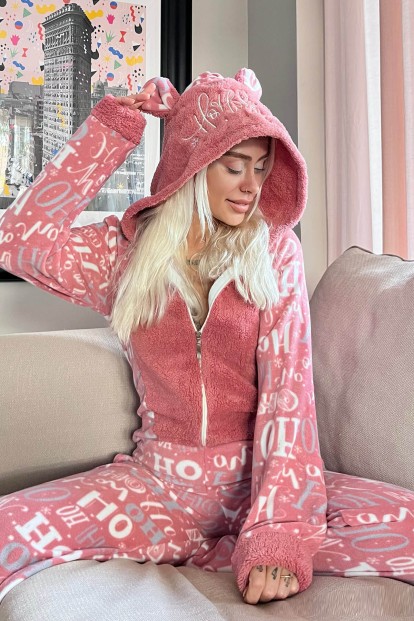 Pembe Laugh Desenli Kadın Polar Peluş Tulum Pijama Takımı - Pijamaevi