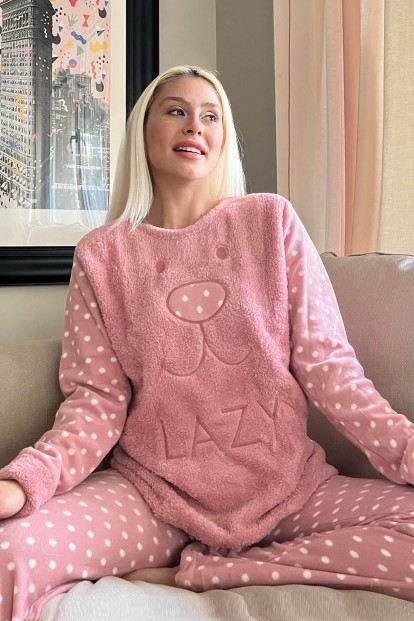 Pembe Lazy Desenli Kadın Peluş Pijama Takımı - Pijamaevi
