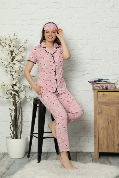 Pembe Meow Cat Desenli Önden Düğmeli Kısa Kollu Pijama Takımı - 1