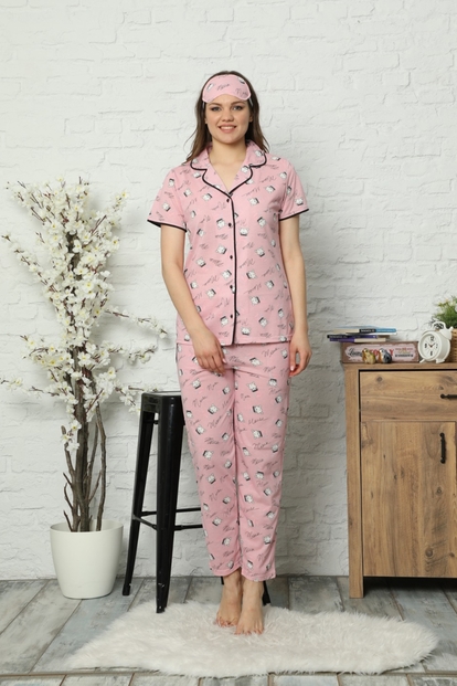 Pembe Meow Cat Desenli Önden Düğmeli Kısa Kollu Pijama Takımı - 2