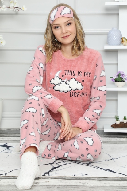Pembe My Dream Bulut Desenli Kadın Peluş Pijama Takımı - 1