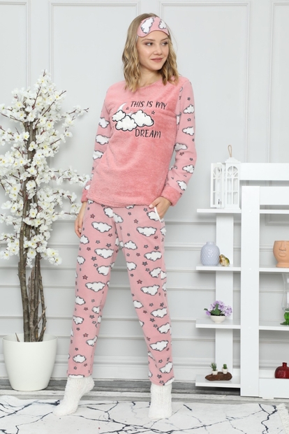 Pembe My Dream Bulut Desenli Kadın Peluş Pijama Takımı - 2