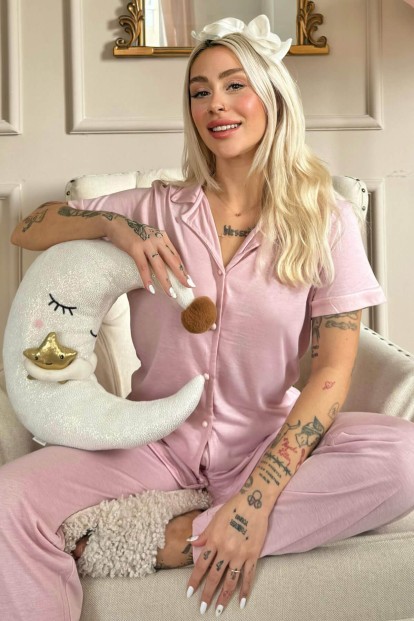 Pembe Önden Düğmeli Kısa Kol Örme Kadın Pijama - Pijamaevi
