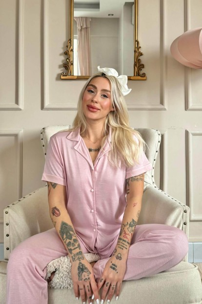 Pembe Önden Düğmeli Kısa Kol Örme Kadın Pijama - 2