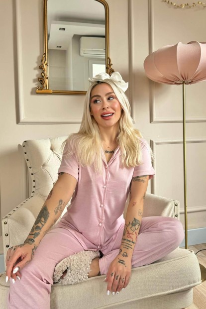 Pembe Önden Düğmeli Kısa Kol Örme Kadın Pijama - 3