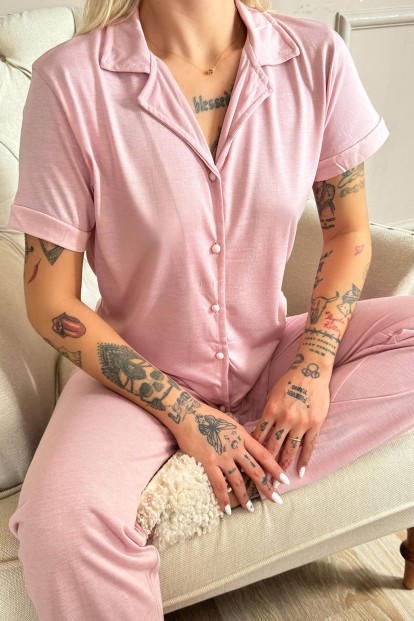 Pembe Önden Düğmeli Kısa Kol Örme Kadın Pijama - 4