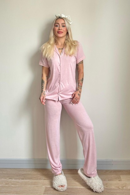 Pembe Önden Düğmeli Kısa Kol Örme Kadın Pijama - 5
