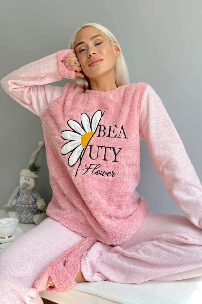 Pembe Papatya Desenli Kadın Peluş Pijama Takımı - Pijamaevi
