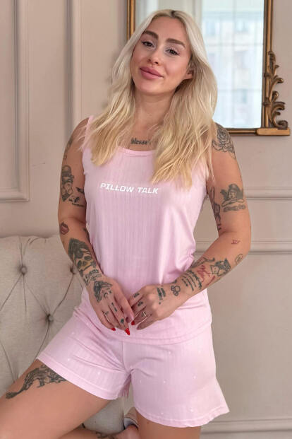 Pembe Pillow Talk Desenli Şortlu Marlenka Kadın Pijama Takımı - 1