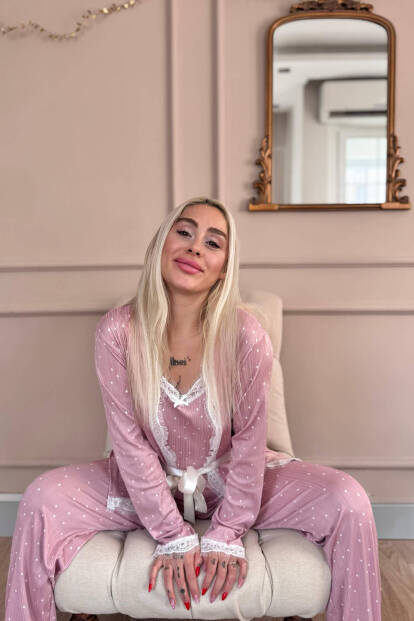 Pembe Puan Desenli Sabahlıklı Pegasus Pijama Takımı - 3