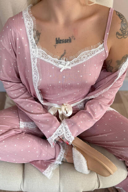 Pembe Puan Desenli Sabahlıklı Pegasus Pijama Takımı - 4