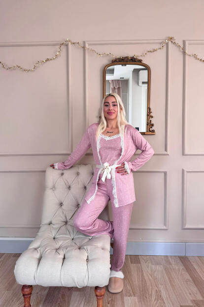 Pembe Puan Desenli Sabahlıklı Pegasus Pijama Takımı - 5
