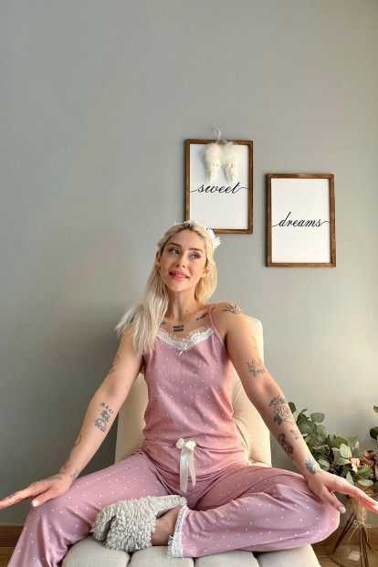 Pembe Puan Papatya Dantelli İp Askılı Örme Kadın Pijama Takımı - 2