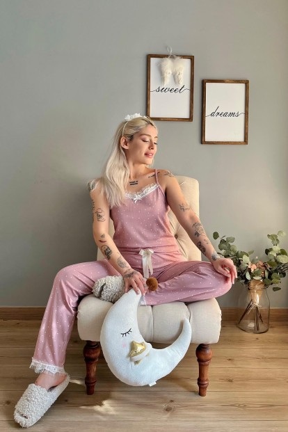 Pembe Puan Papatya Dantelli İp Askılı Örme Kadın Pijama Takımı - 3