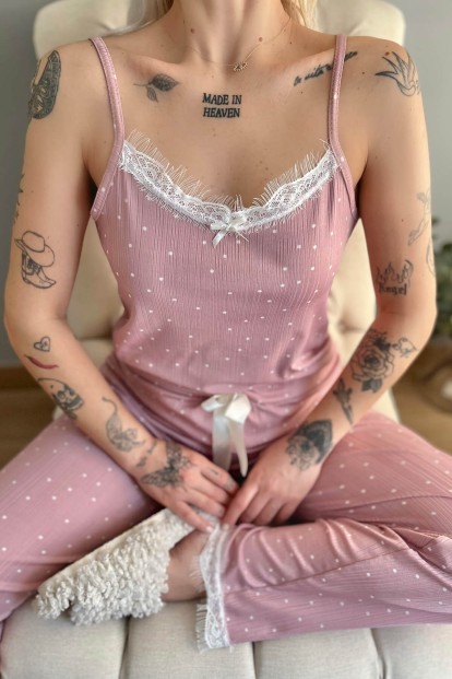 Pembe Puan Papatya Dantelli İp Askılı Örme Kadın Pijama Takımı - 4