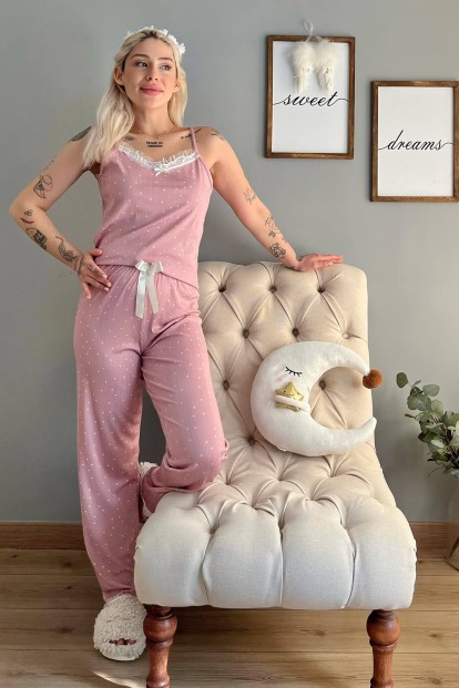 Pembe Puan Papatya Dantelli İp Askılı Örme Kadın Pijama Takımı - 5