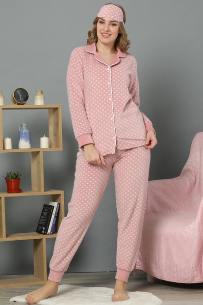 Pembe Puanlı Kadın Önden Düğmeli Yumoş Peluş Pijama Takımı - 1