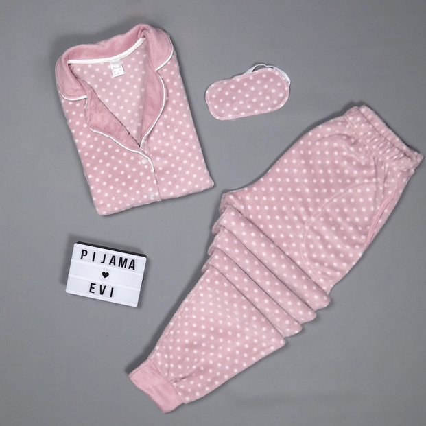Pembe Puanlı Kadın Önden Düğmeli Yumoş Peluş Pijama Takımı - 2