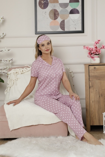 Pembe Puanlı Önden Düğmeli Kısa Kollu Pijama Takımı - 1
