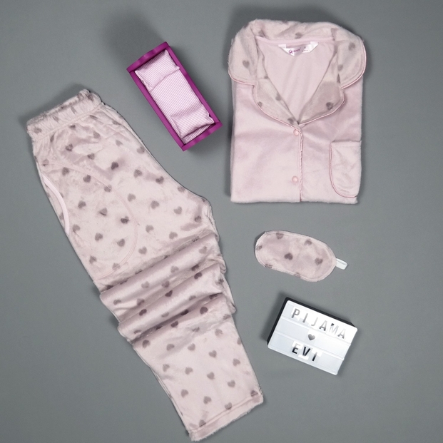Pembe Puantiyeli Kadın Önden Düğmeli Yumoş Peluş Pijama Takımı - 2