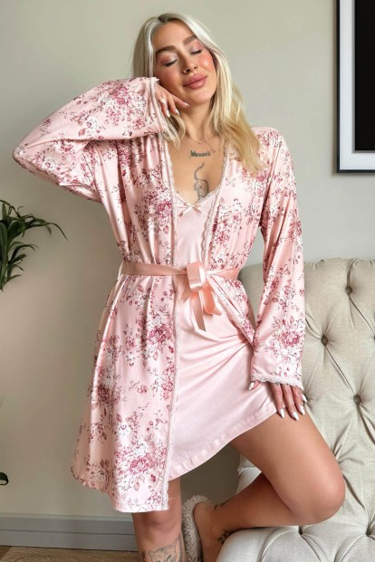 Pembe Svila Exclusive Örme Sabahlıklı Gecelik Kadın Pijama Takımı - 1