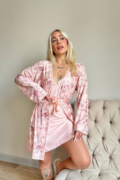 Pembe Svila Exclusive Örme Sabahlıklı Gecelik Kadın Pijama Takımı - 4