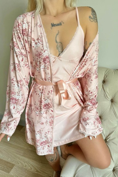 Pembe Svila Exclusive Örme Sabahlıklı Gecelik Kadın Pijama Takımı - 5
