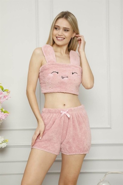 Pembe Tavşan Nakışlı Kulak Detaylı Tam Peluş Büstiyerli Takım - Pijamaevi