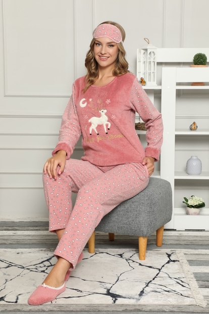 Pembe Unicorn Desenli Kadın Peluş Pijama Takımı - 1