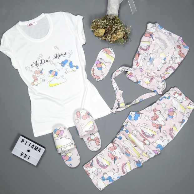 Pembe Unicorn Desenli Sabahlıklı Pijama Takımı - 1
