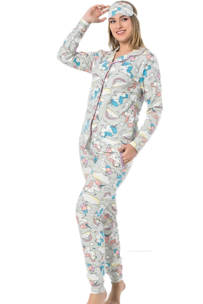 Pembe Unicorn Önden Düğmeli Uzun Kollu Manşetli Kadın Pijama Takımı - 1
