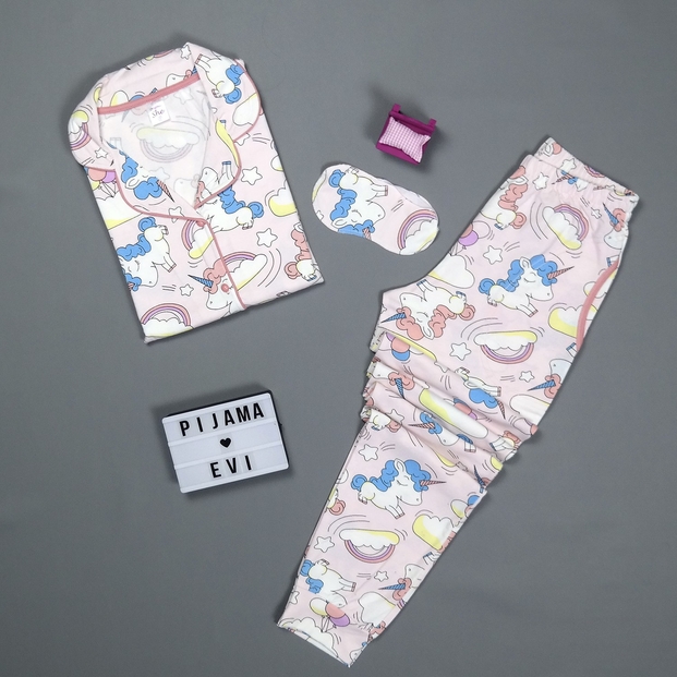 Pembe Unicorn Önden Düğmeli Uzun Kollu Manşetli Kadın Pijama Takımı - 2