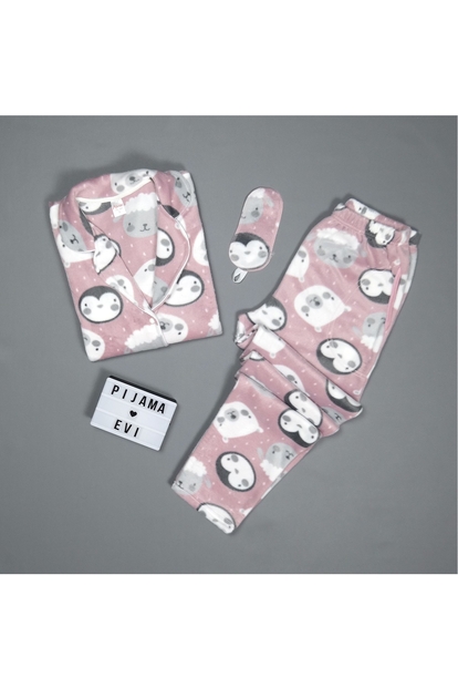 Penguen Desenli Kadın Önden Düğmeli Yumoş Peluş Pijama Takımı - 2