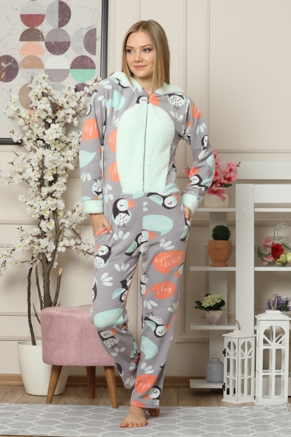 Penguen Desenli Kadın Polar Peluş Tulum Pijama Takımı - 1