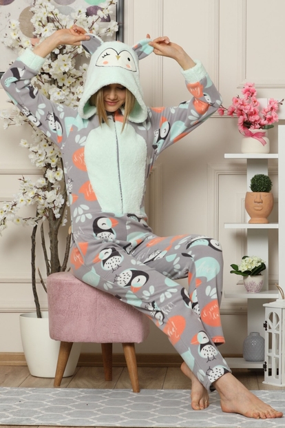 Penguen Desenli Kadın Polar Peluş Tulum Pijama Takımı - 2