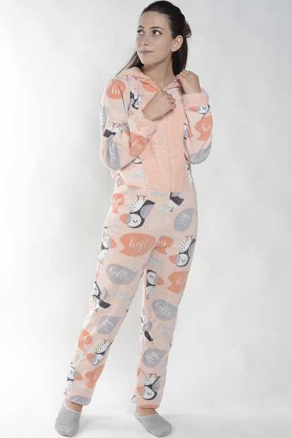 Penguen Desenli Kadın Polar Peluş Tulum Pijama Takımı - 3