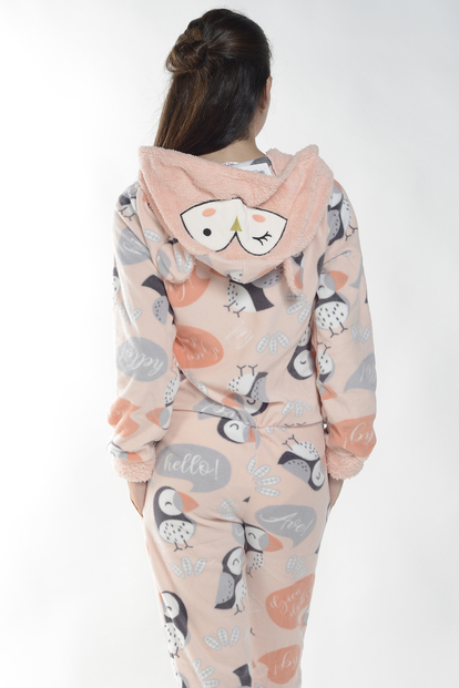 Penguen Desenli Kadın Polar Peluş Tulum Pijama Takımı - 5
