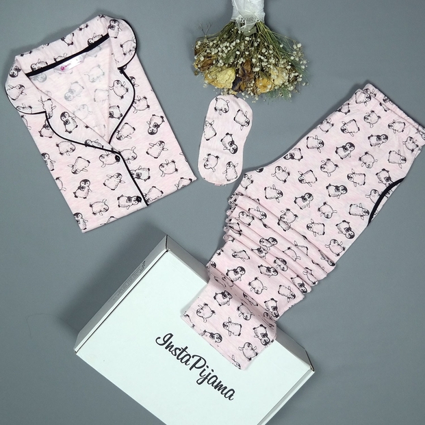 Penguen Desenli Önden Düğmeli Pamuklu Pijama Takımı - 2