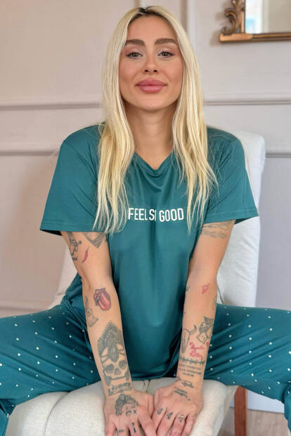 Petrol Feel Desenli Bambu Kısa Kol Kadın Pijama Takımı 