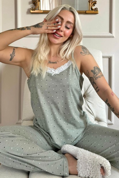 Pled Dantelli Ip Askılı Örme Kadın Pijama Takımı - 1