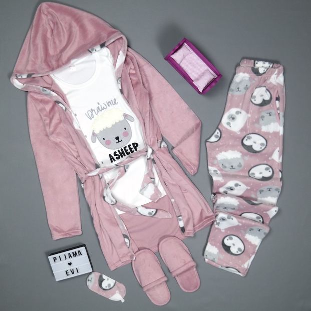 Pudra Asheep Desenli Sabahlıklı Peluş Pijama Takımı - 3