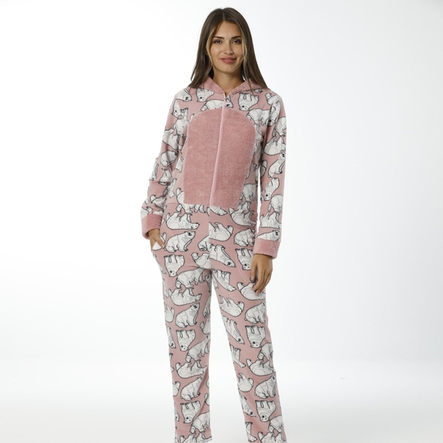 Pudra Bear Desenli Kadın Polar Peluş Tulum Pijama Takımı - 1