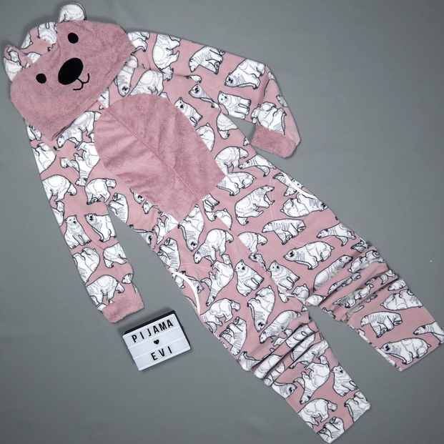 Pudra Bear Desenli Kadın Polar Peluş Tulum Pijama Takımı - 3