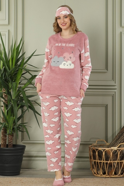 Pudra Bulut Desenli Kadın Peluş Pijama Takımı - 1