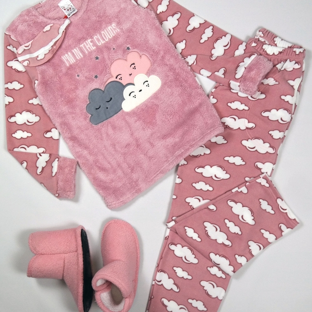 Pudra Bulut Desenli Kadın Peluş Pijama Takımı - 2