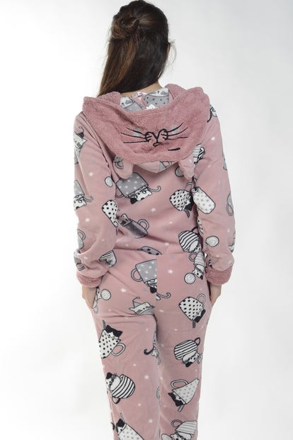 Pudra Coffe Cat Desenli Kadın Polar Peluş Tulum Pijama Takımı - 3