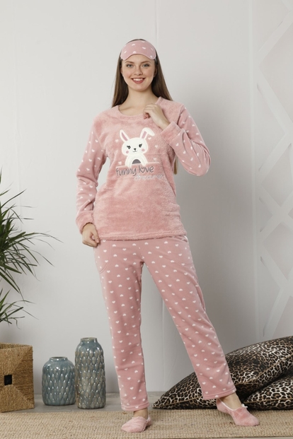 Pudra Funny Love Dreams Desenli Kadın Peluş Pijama Takımı - 1